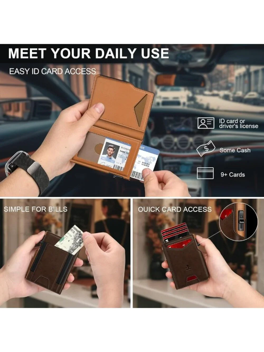 Slim Minimalist Wallet for Men - RFID Blocking, Pop-Up Card Holder, ID Window